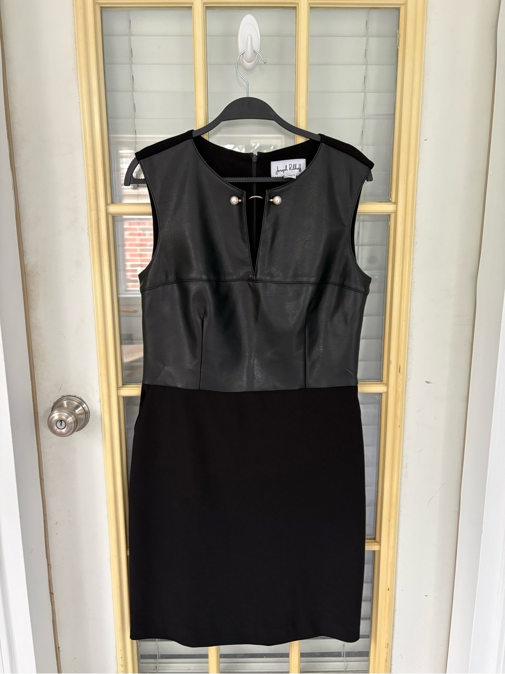 Joseph Ribkoff Black Faux Leather Bodice Sheath Dress